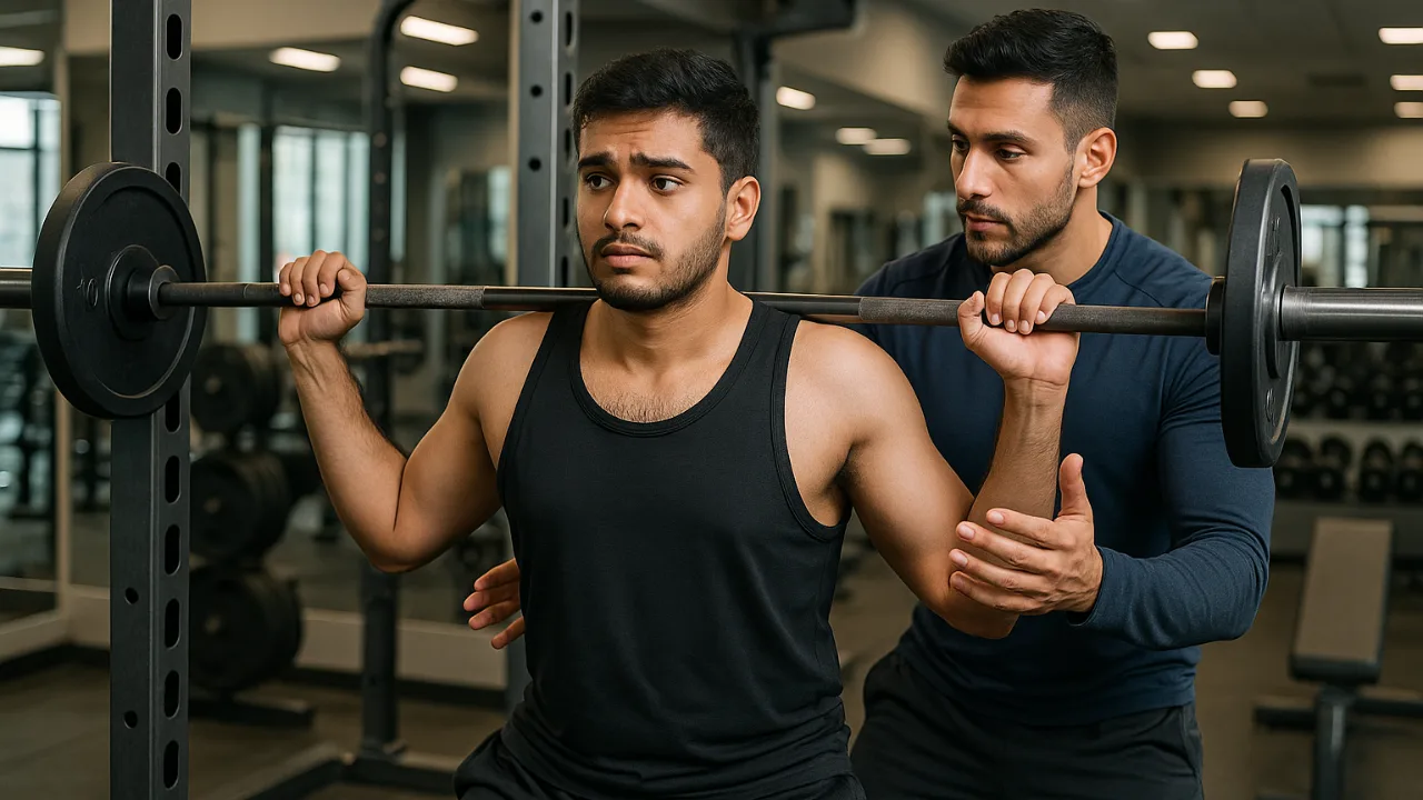 Gym beginner guide - personal trainer helping new member with proper barbell squat form and technique in modern fitness center